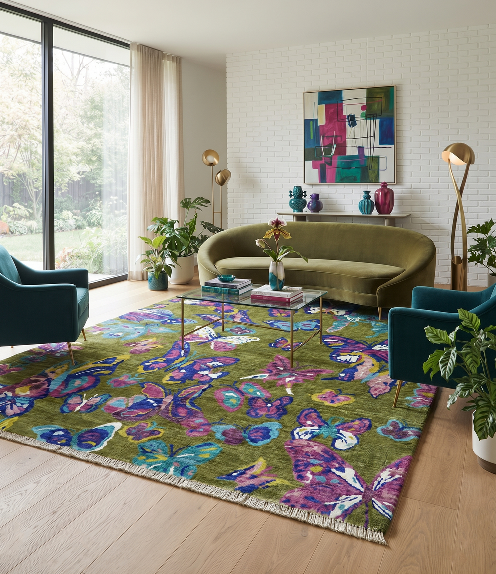 Hand-knotted wool area rug with multi-color floral and butterfly motif in green