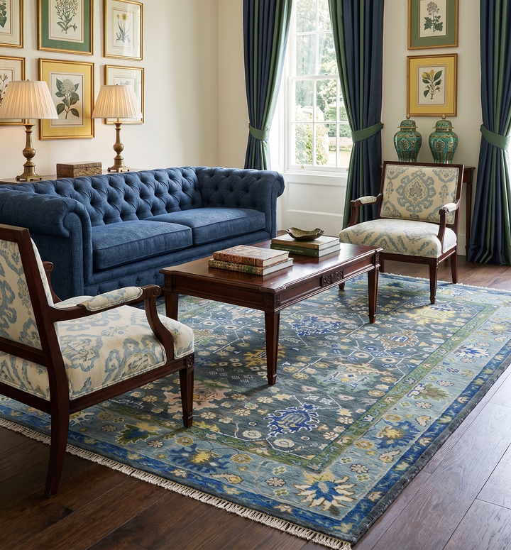Antique Design Hand Knotted Charcoal, Green Moss and Blue Oushak Custom Made Rug
