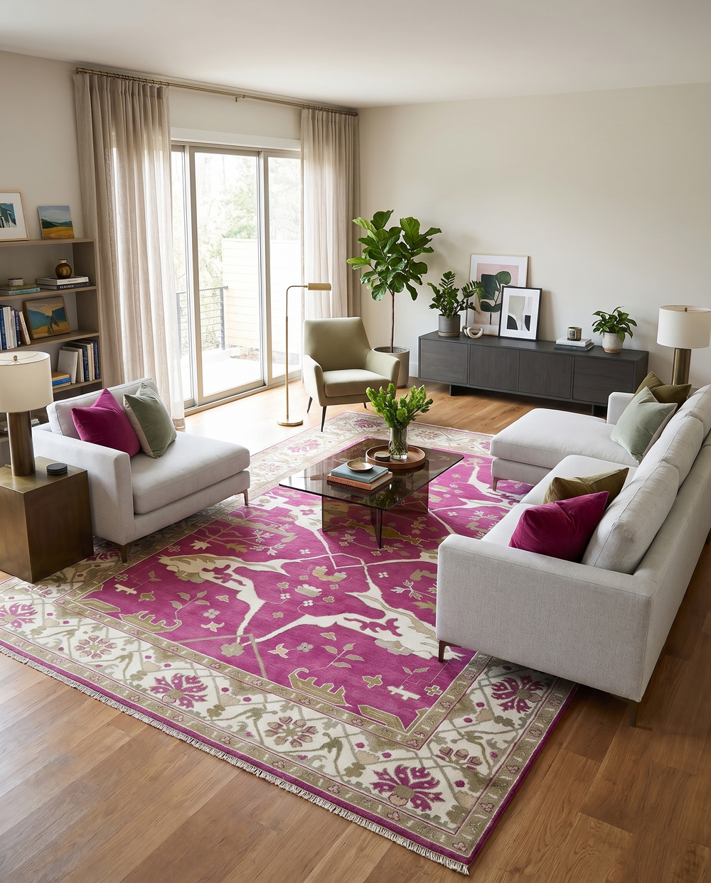 Traditional hand-knotted wool Oushak area rug in purple, ivory, and olive with ornate floral motifs