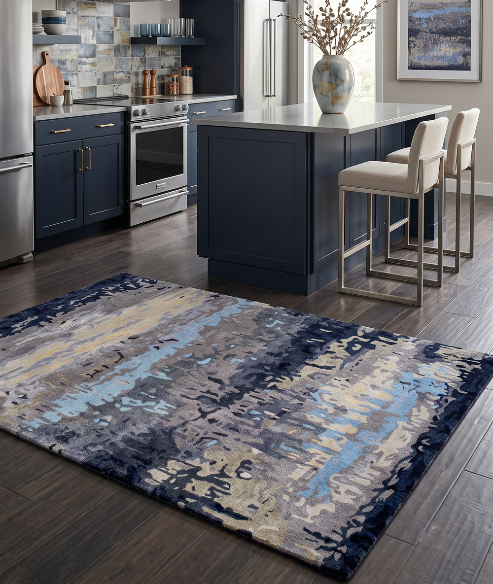 An abstract area rug with a watercolor-like pattern in navy, blue, beige, and gray tones, styled on a dark wood floor in a modern kitchen setting.