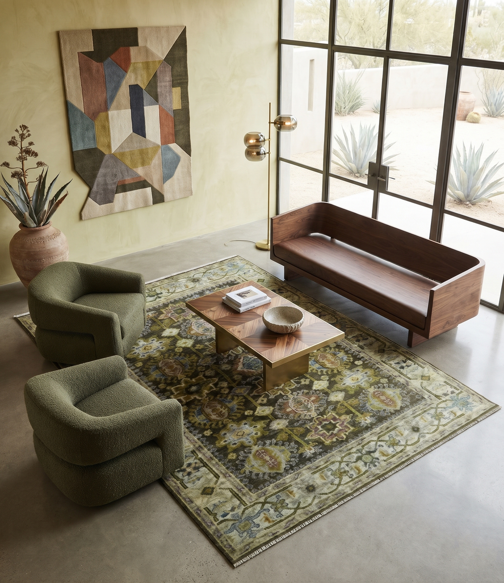 Hand-knotted wool area rug with an ornate vintage pattern in earthy green, silver, and muted tones.