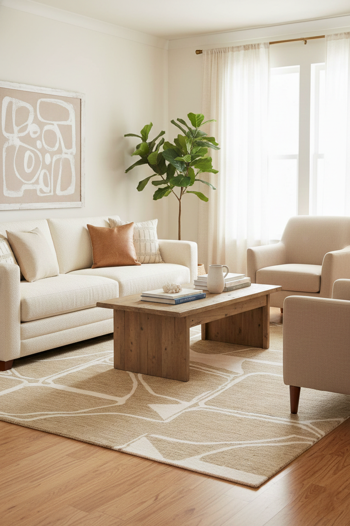 Ivory and Beige Stone Mosaic Hand-Tufted Wool Area Rug