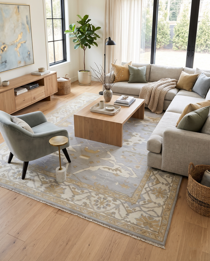Patterned gray and ivory wool rug with ornate border in a living room