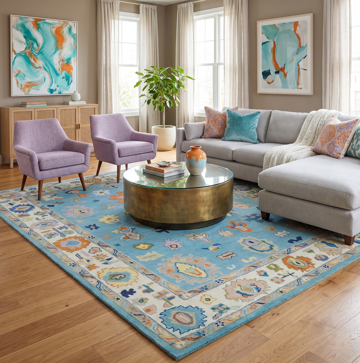 Quick Ship 5x8 Modern Oushak Blue And Ivory Hand Tufted Wool Rug