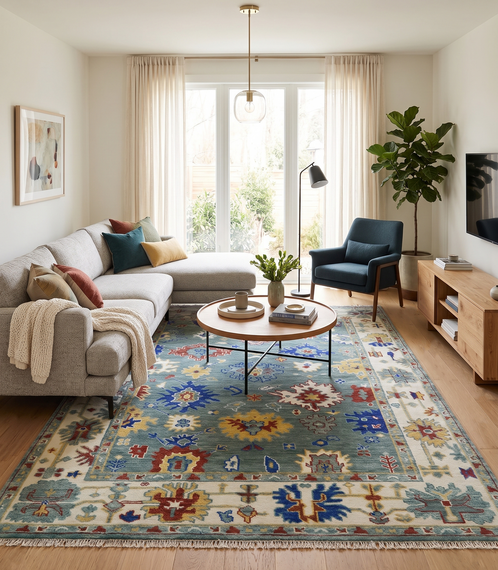 Blue and ivory traditional area rug with multicolor motifs beneath living room furniture