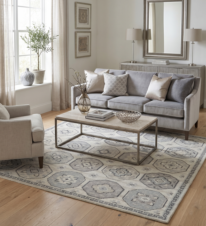 Custom Made Hand Knotted Turkish Beige and Gray Area Wool Rug