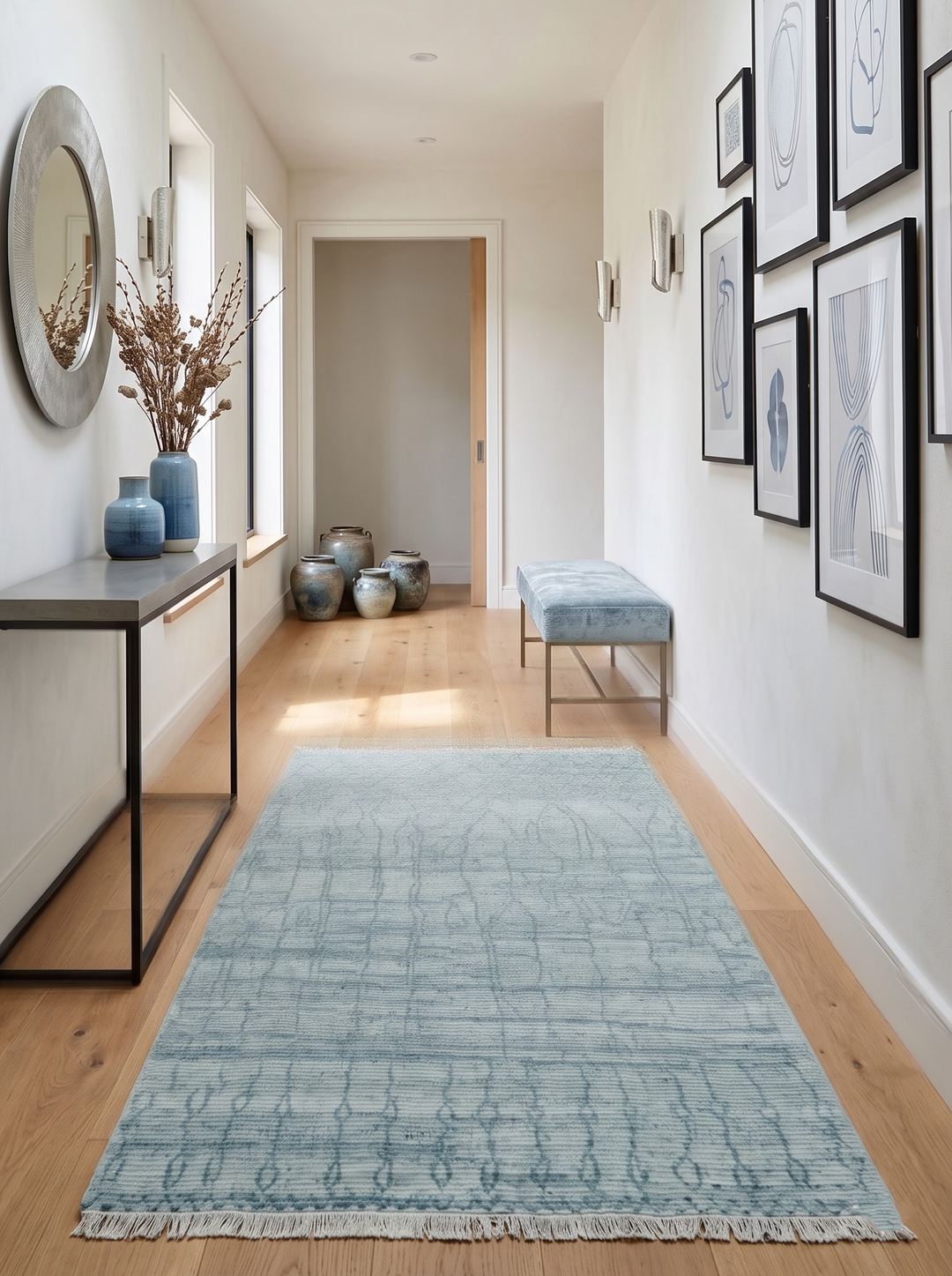 Hand Knotted Silver and Blue Modern Trellis Moroccan Blended Wool Rug