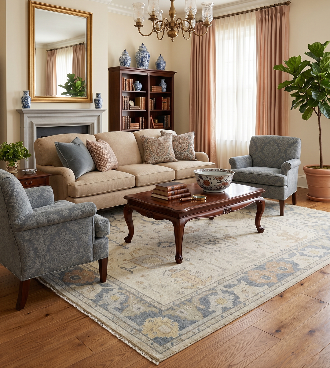 Beige and Gray Hand Knotted Traditional Persian Oushak Wool Rug