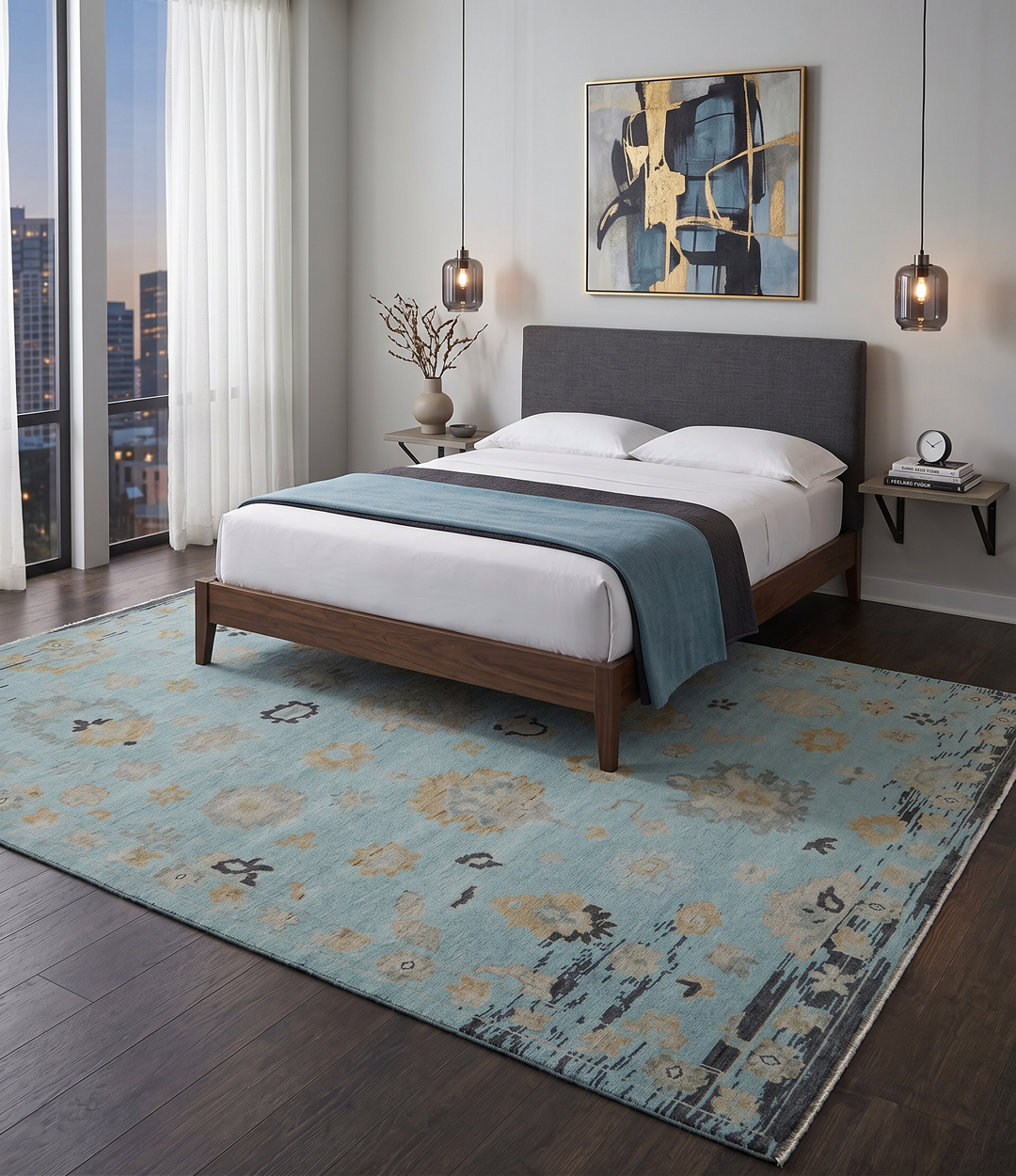 Antique Blue And Charcoal Hand knotted Traditional Oushak Wool Area Rug