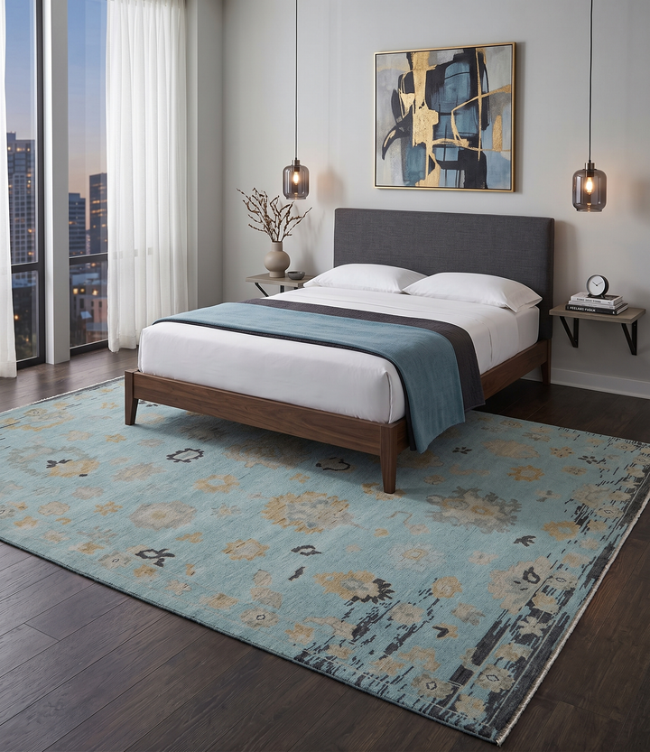 Antique Blue And Charcoal Hand knotted Traditional Oushak Wool Area Rug