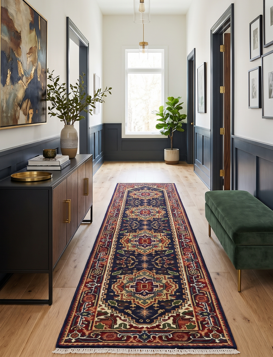 Traditional geometric wool runner rug displayed in a hallway