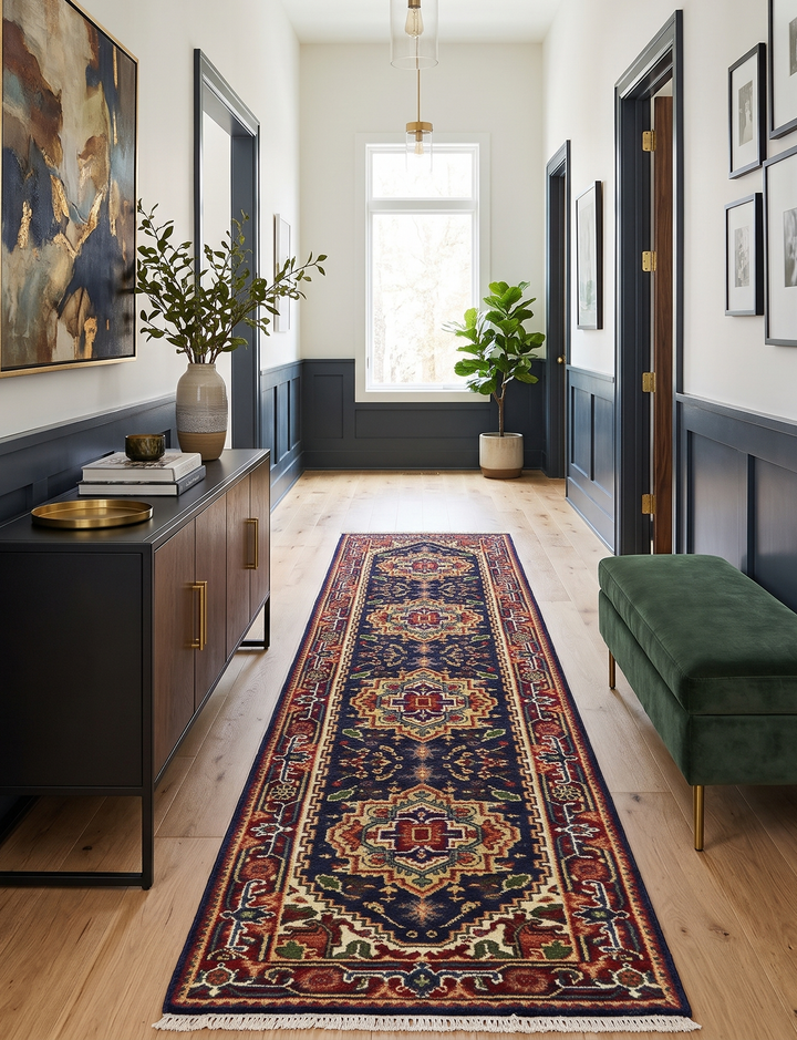 Traditional geometric wool runner rug displayed in a hallway
