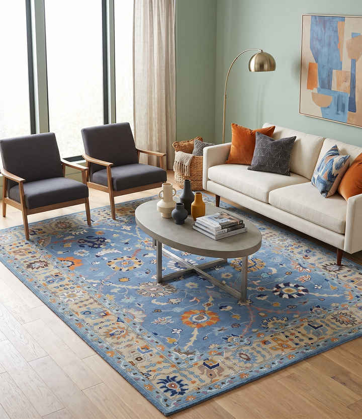 Modern Oushak Blue and Beige Hand Tufted Wool Area Rug