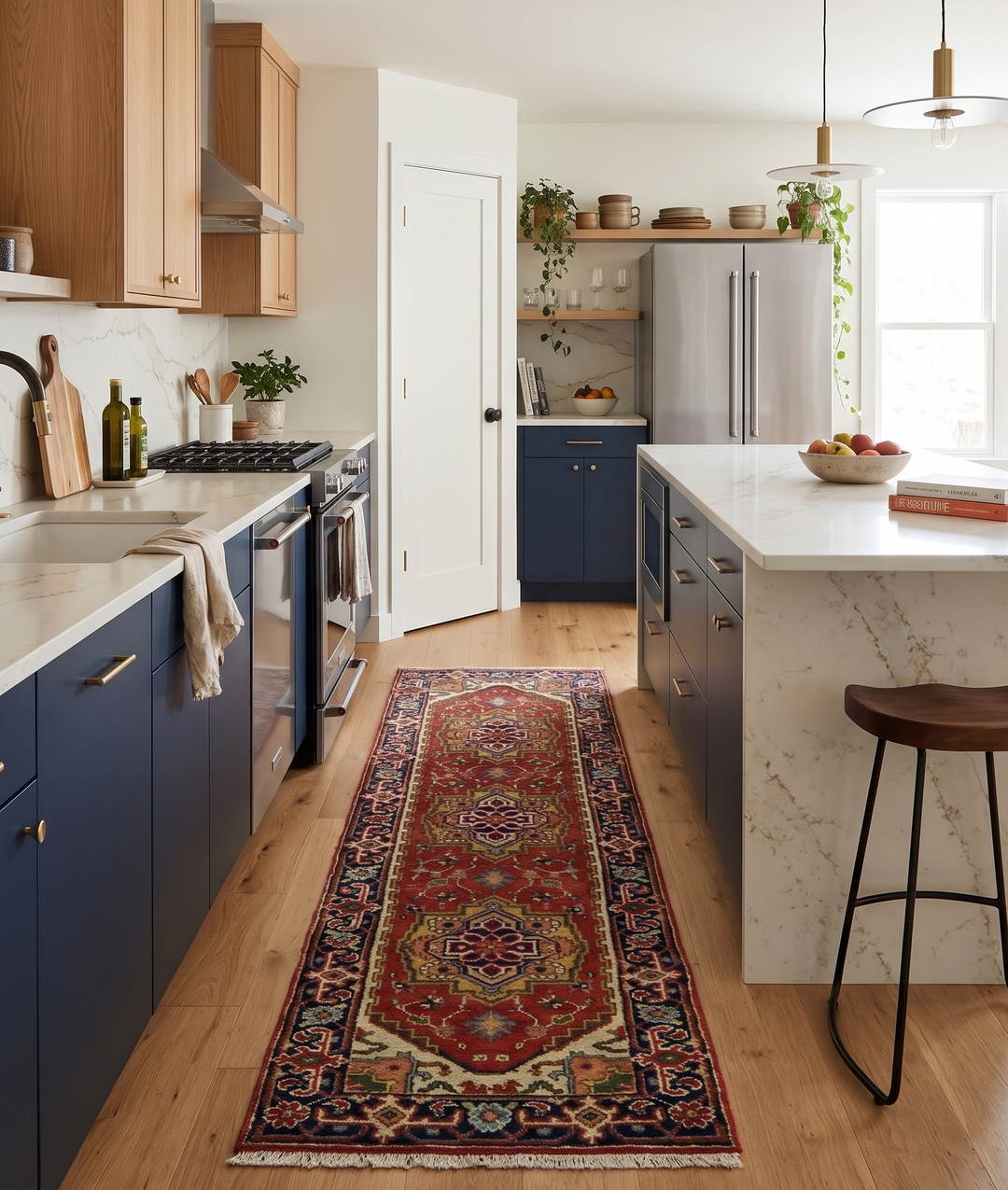Rust and blue Serapi runner rug laid along a kitchen floor