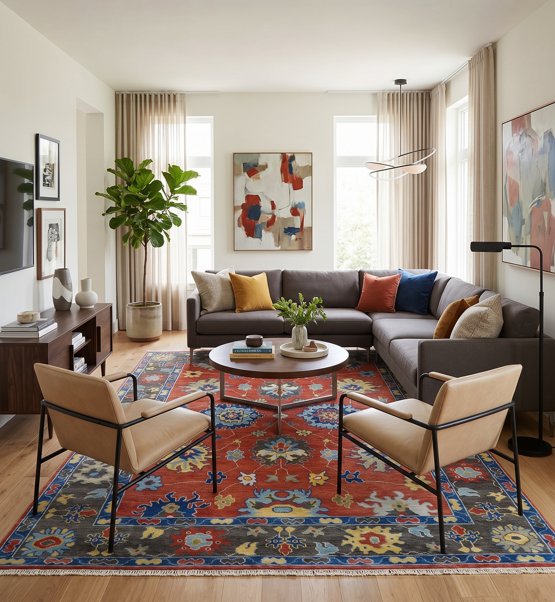Traditional Oushak wool area rug with colorful medallion pattern, brown blue and charcoal