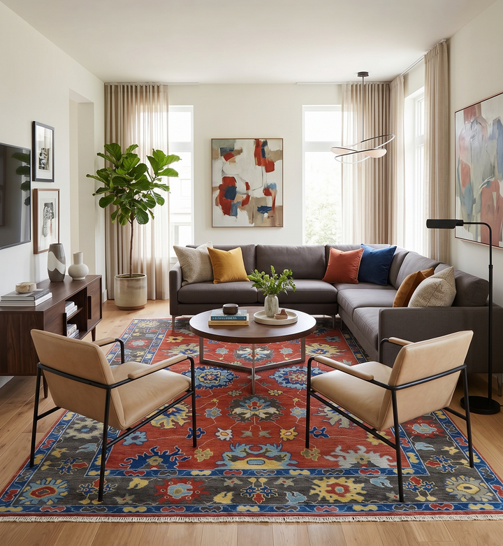 Traditional Oushak wool area rug with colorful medallion pattern, brown blue and charcoal
