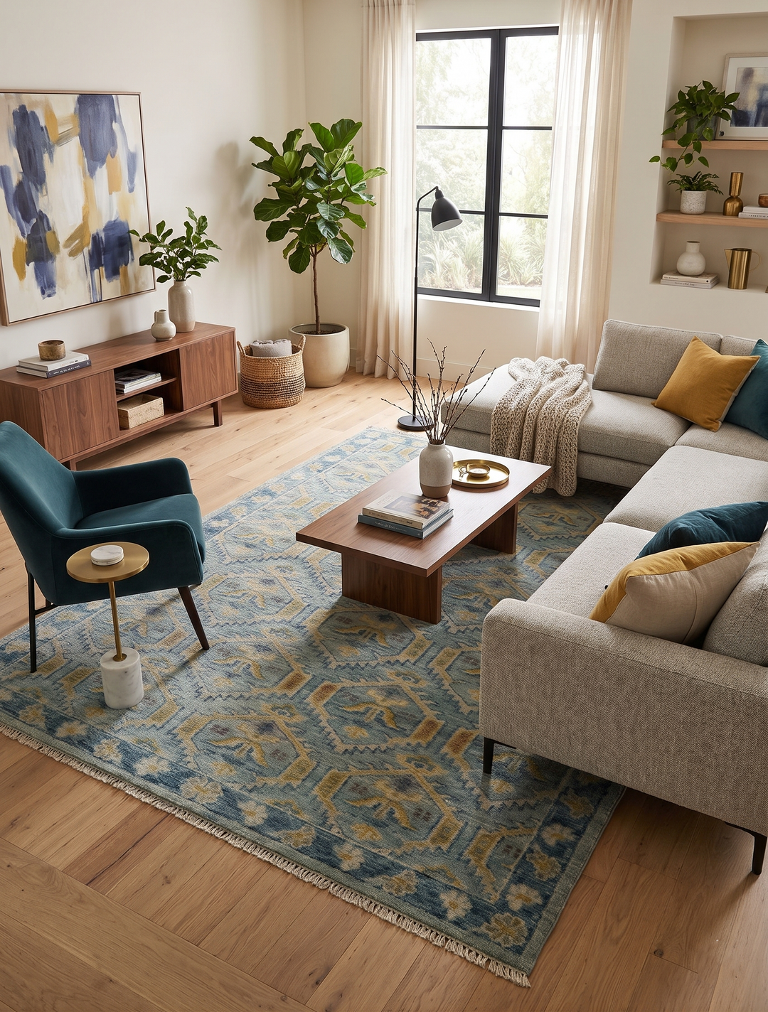 Traditional wool rug with antique blue and mustard motifs beneath a living room seating area