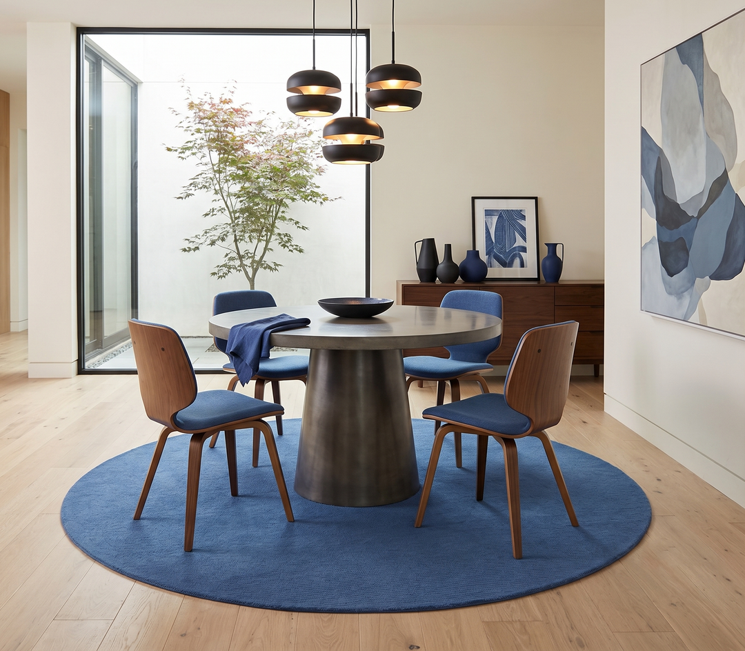 Custom Made Modern Solid Design Blue Round Hand Tufted Wool Rug