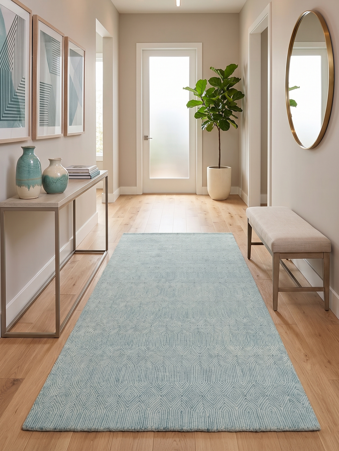 Ready to Ship Teal And Ivory Modern Contemporary Hand Tufted 6x9 Wool Rug