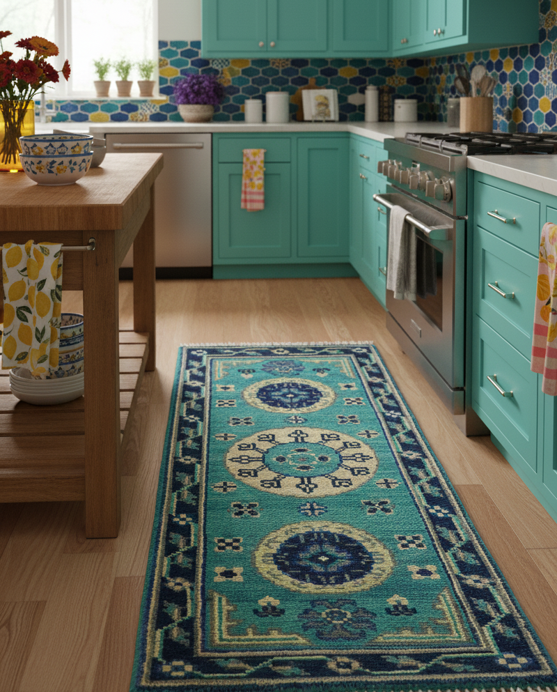 Turquoise kitchen with decorative rug on wooden floor