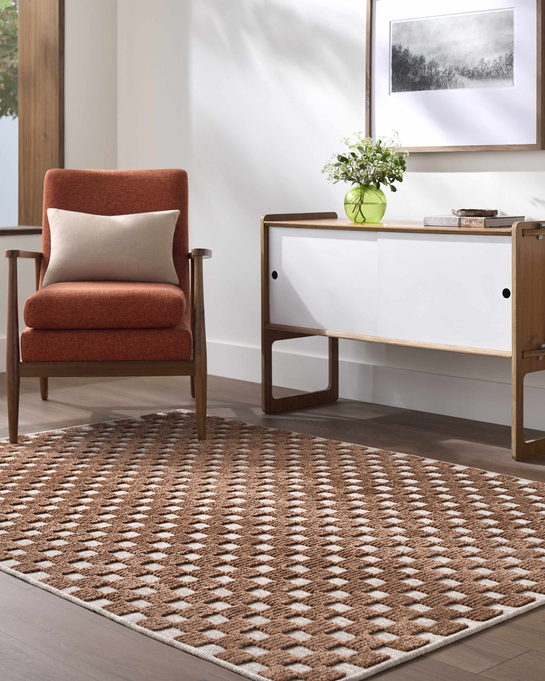 Anthea Modern Checkered Pattern Brown Washable Area Rug