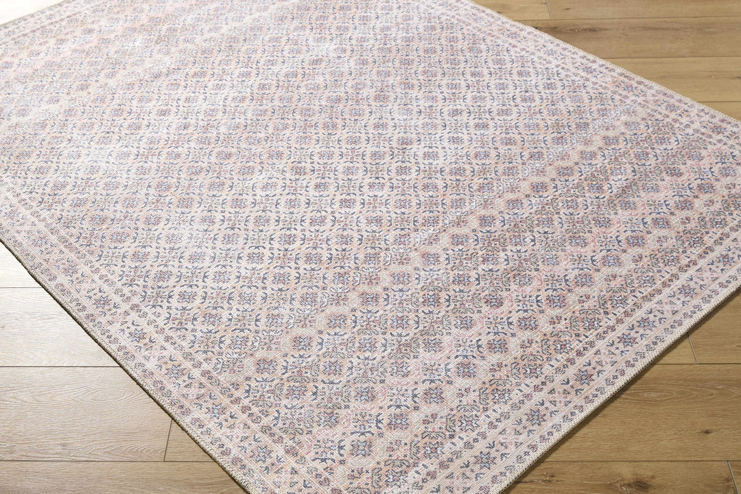 Azalee Modern Floral Design Peach And Blue Washable Area Rug