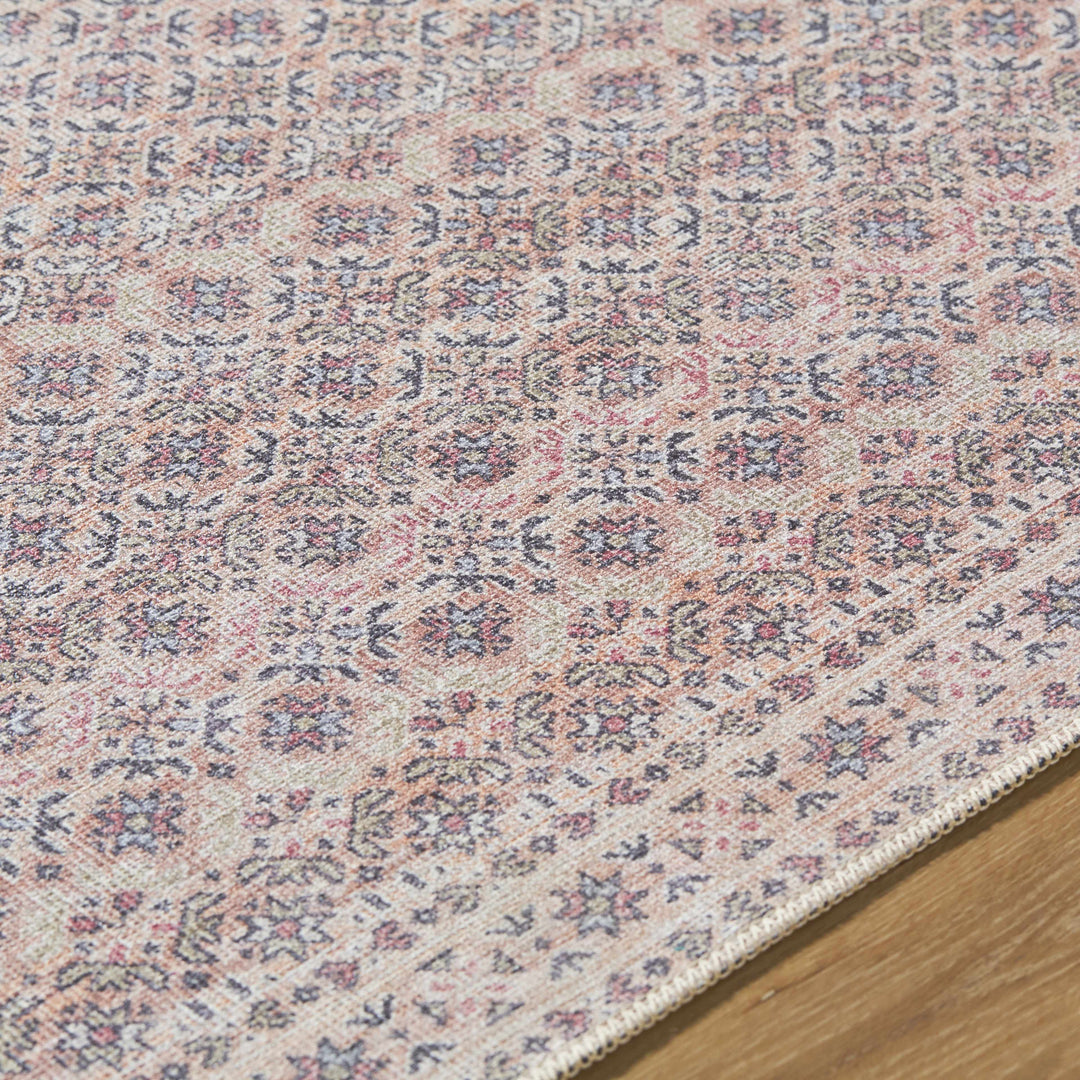 Azalee Modern Floral Design Peach And Blue Washable Area Rug