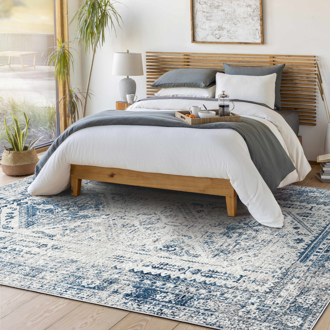 Inkom Traditional Style Ivory And Blue Area Rug