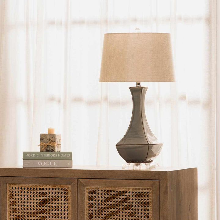 Kalilangan Gray Ceramic Table Lamp – Traditional Accent Lighting with Faux Silk Shade