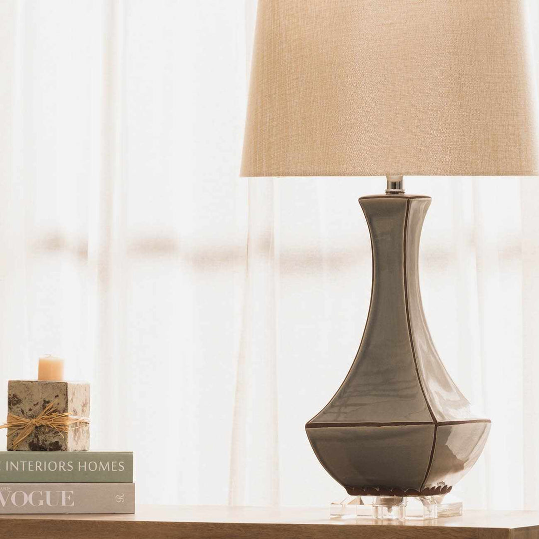 Kalilangan Gray Ceramic Table Lamp – Traditional Accent Lighting with Faux Silk Shade