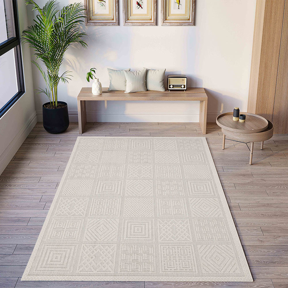 White Geometrical Machine Washable Polypropylene Rug