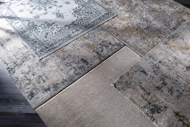 Modern Abstract Gray And Ivory Machine Woven Rug