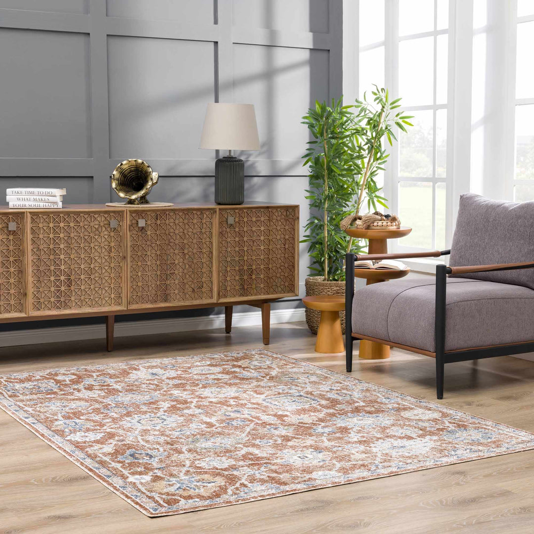 Chavi Traditional Design Rust And Blue Washable Rug