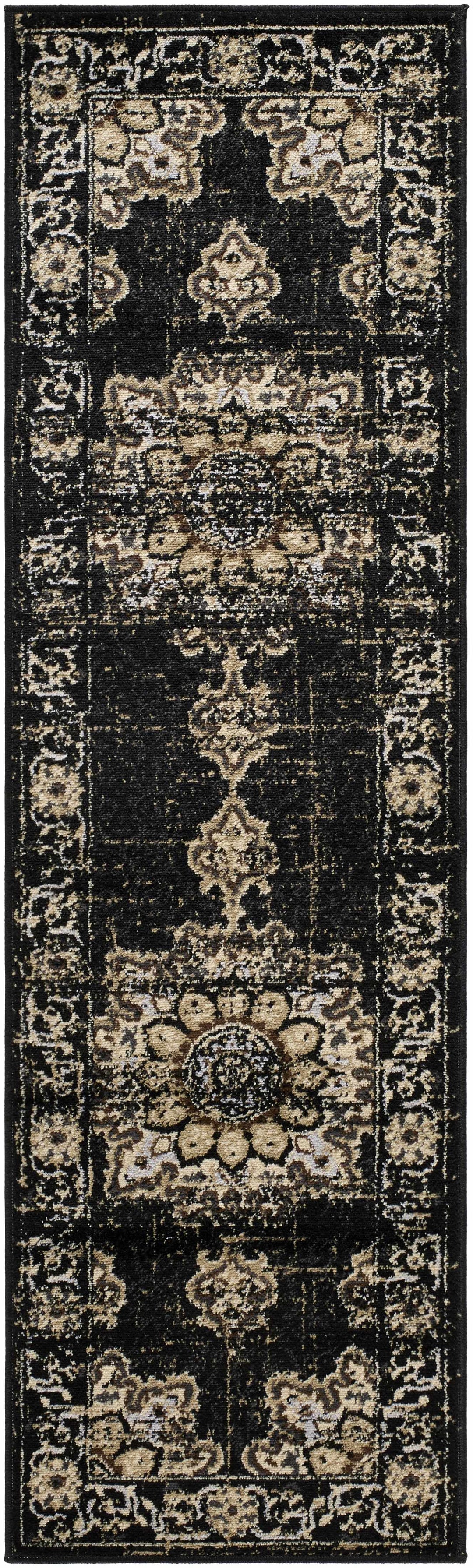 Lostwithiel Black And Beige Traditional Medallion Design Area Rug