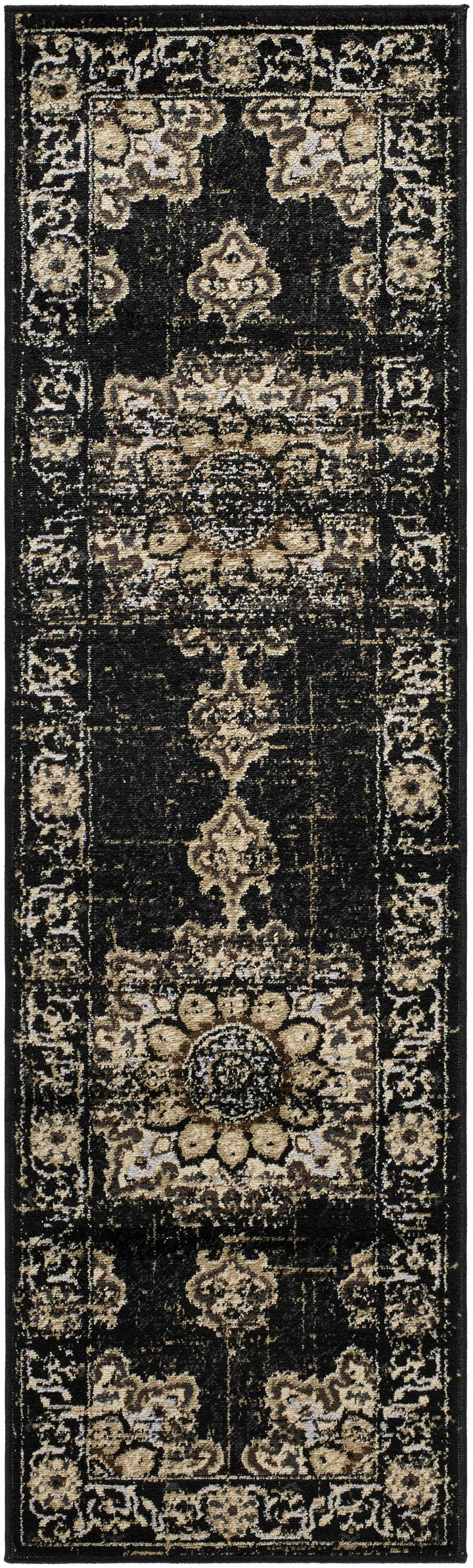 Lostwithiel Black And Beige Traditional Medallion Design Area Rug