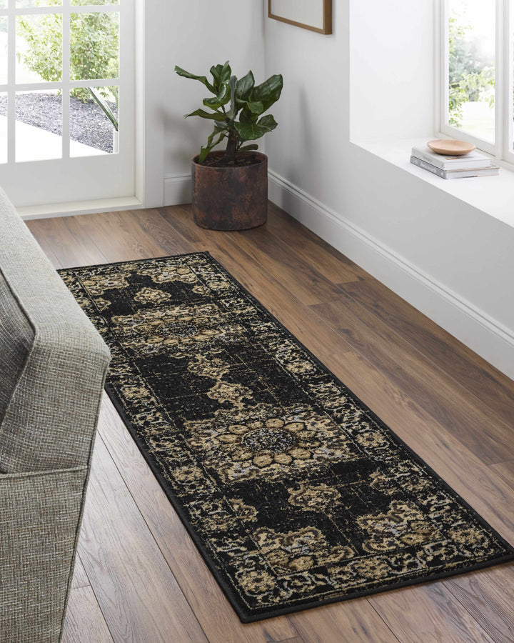 Lostwithiel Black And Beige Traditional Medallion Design Area Rug