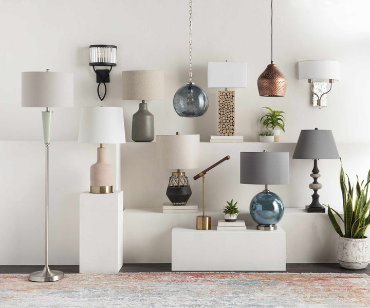Corella Traditional Gray Concrete Table Lamp – Linen Shade, Resin Base