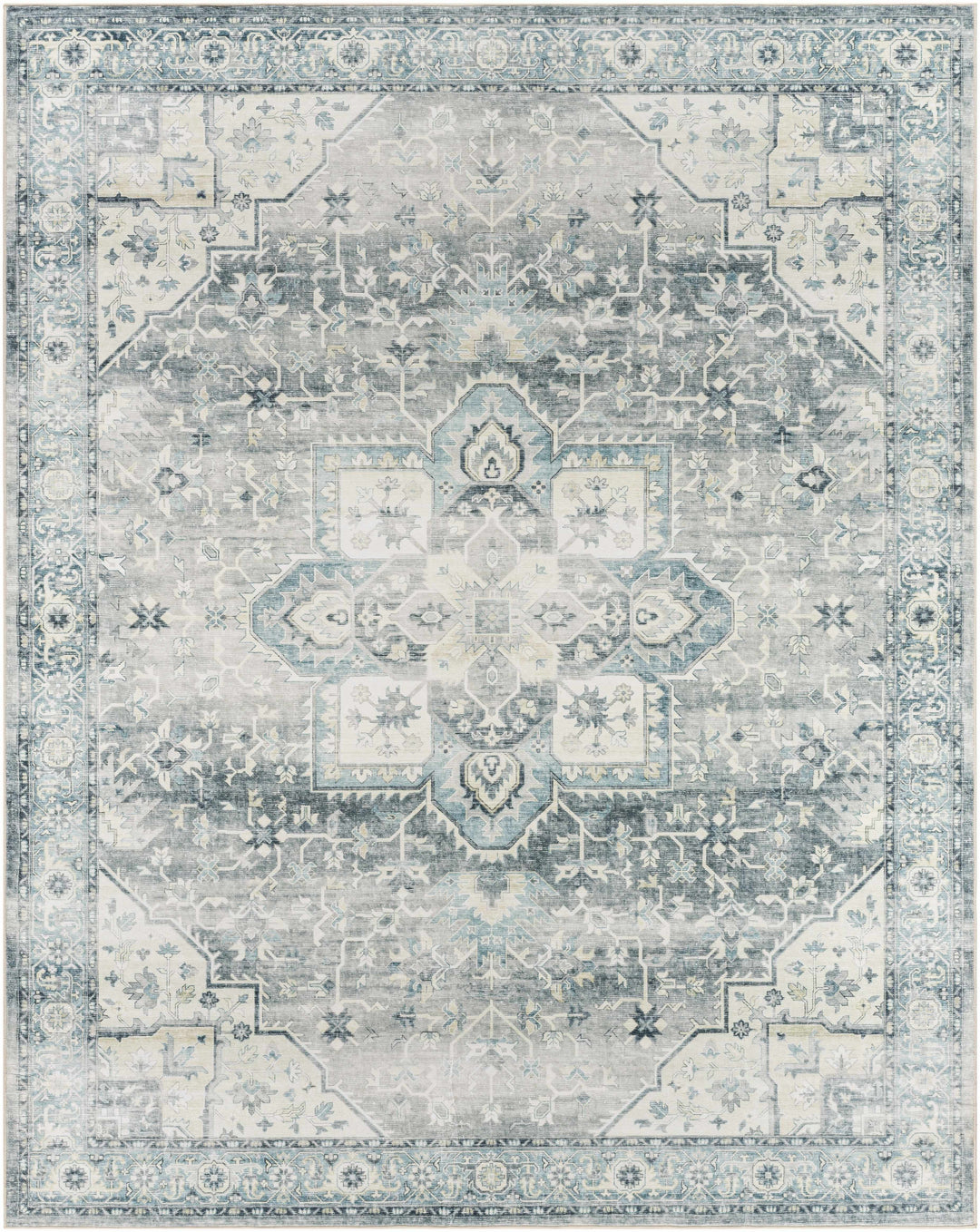 Mauro Traditional Medallion Design Blue Washable Area Rug