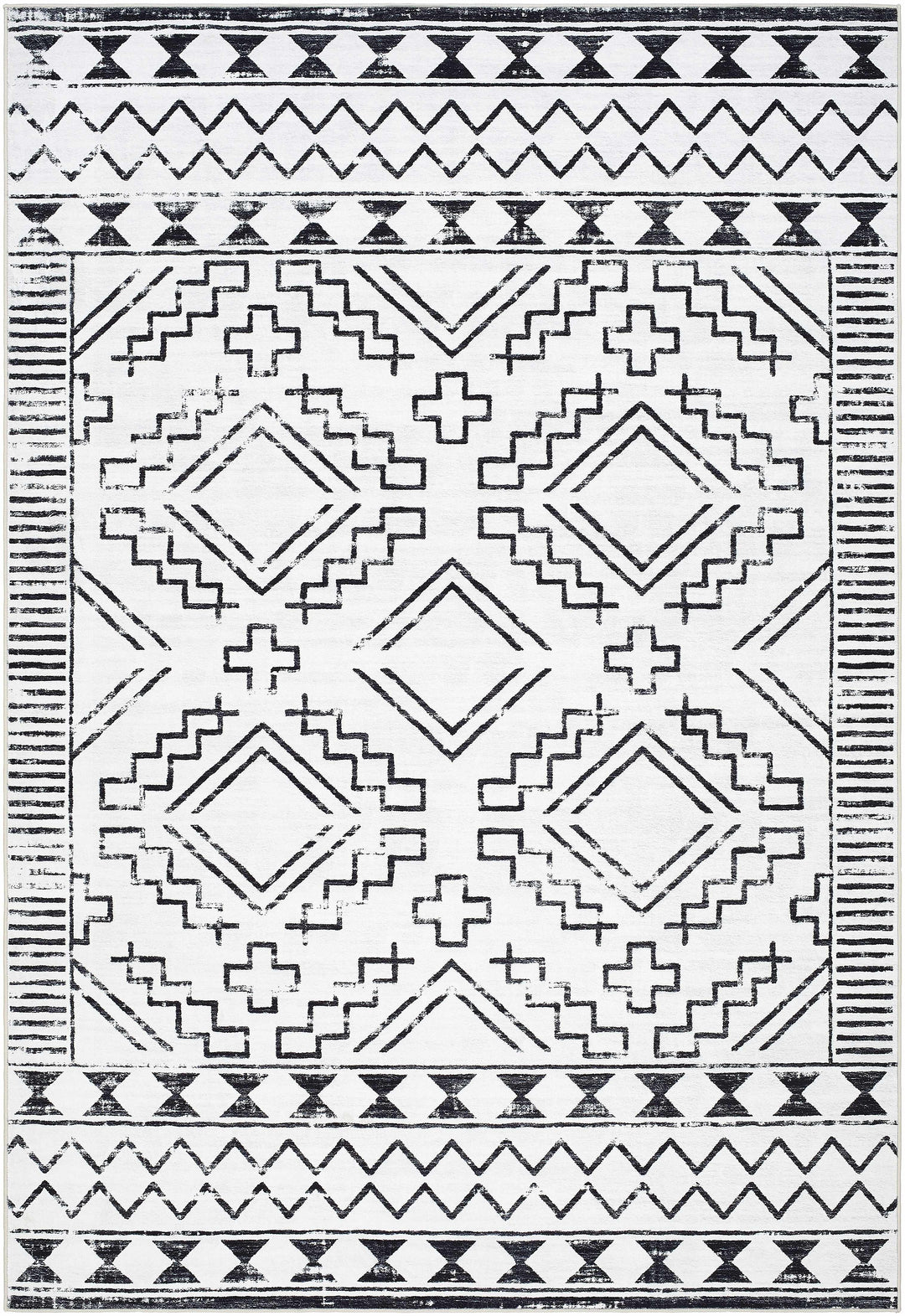 Medan Modern Tribal Design Black And White Washable Area Rug