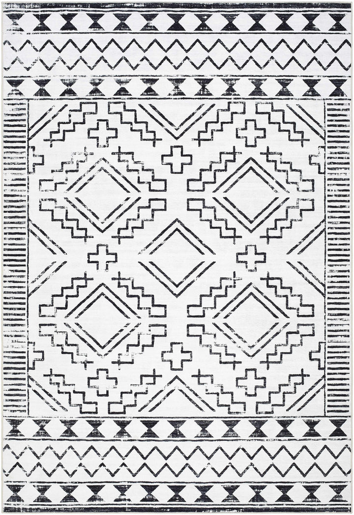 Medan Modern Tribal Design Black And White Washable Area Rug