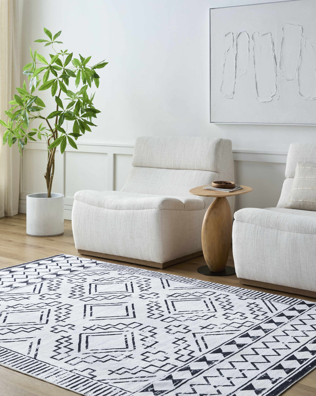 Medan Modern Tribal Design Black And White Washable Area Rug