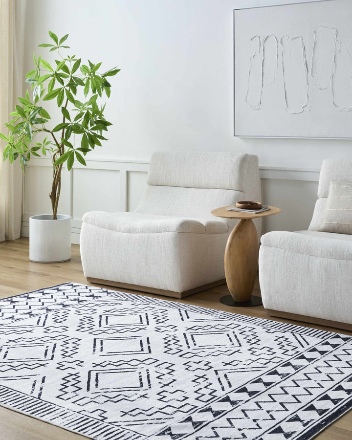 Medan Modern Tribal Design Black And White Washable Area Rug