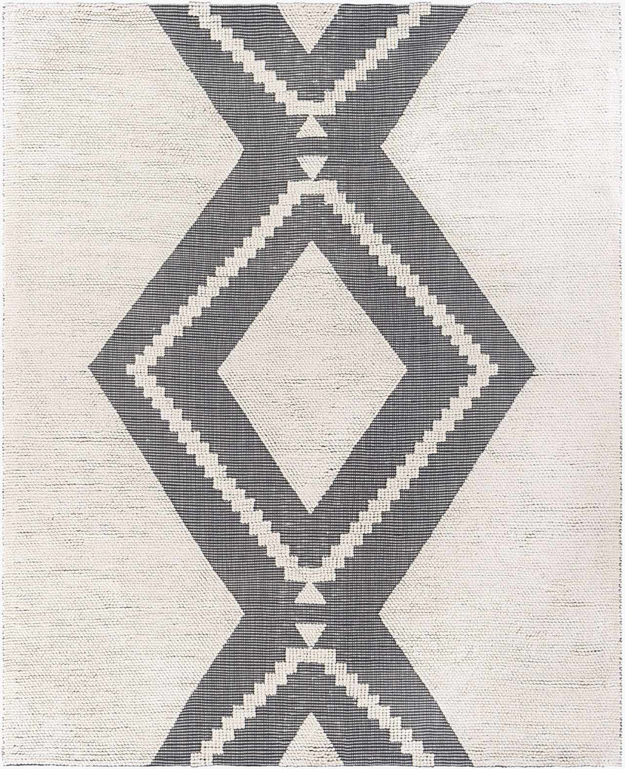 Hand-woven area rug with ivory and dark geometric diamond pattern