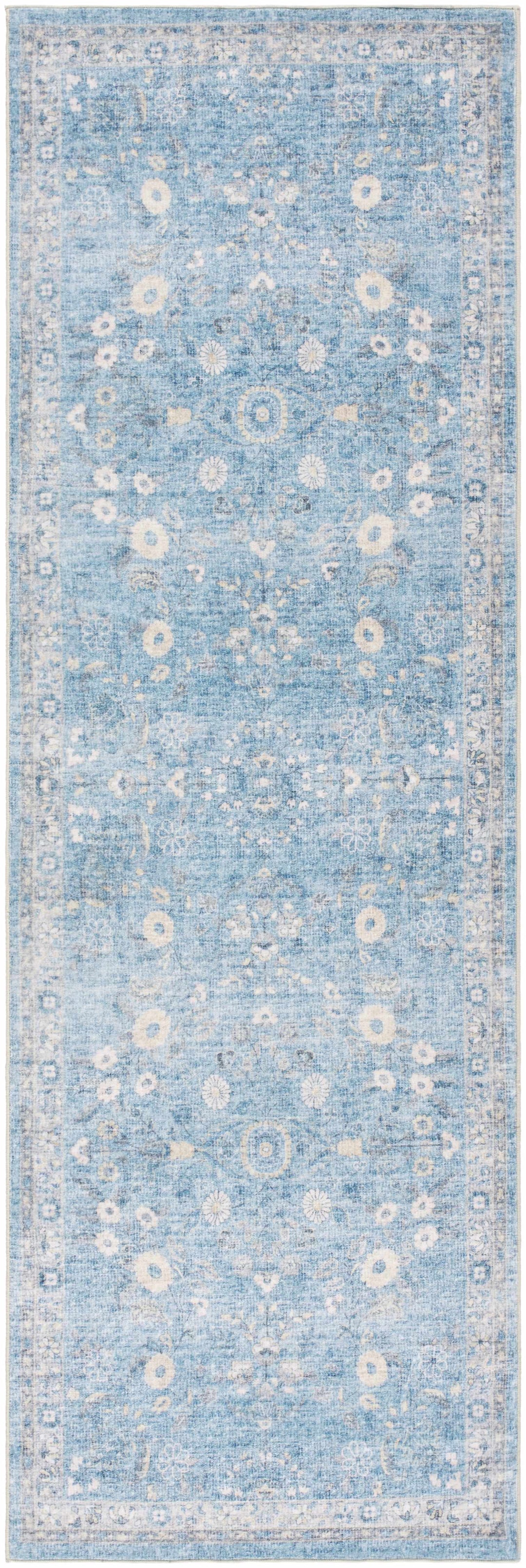 Meyly Traditional Floral Design Blue Washable Rug