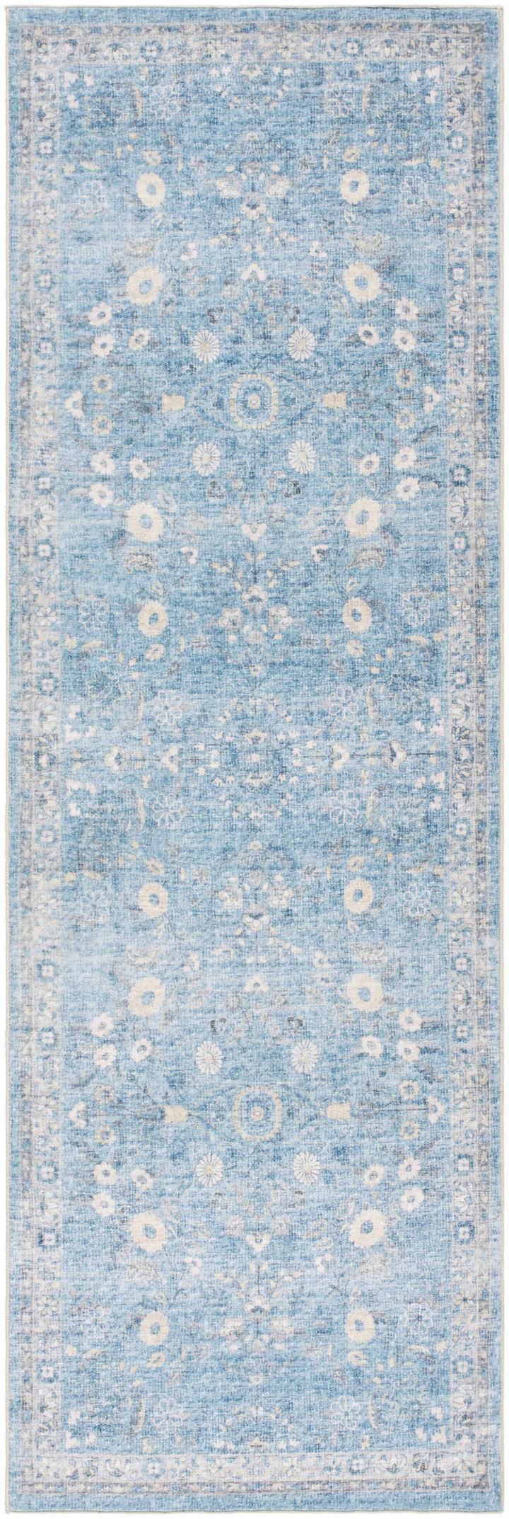 Meyly Traditional Floral Design Blue Washable Rug