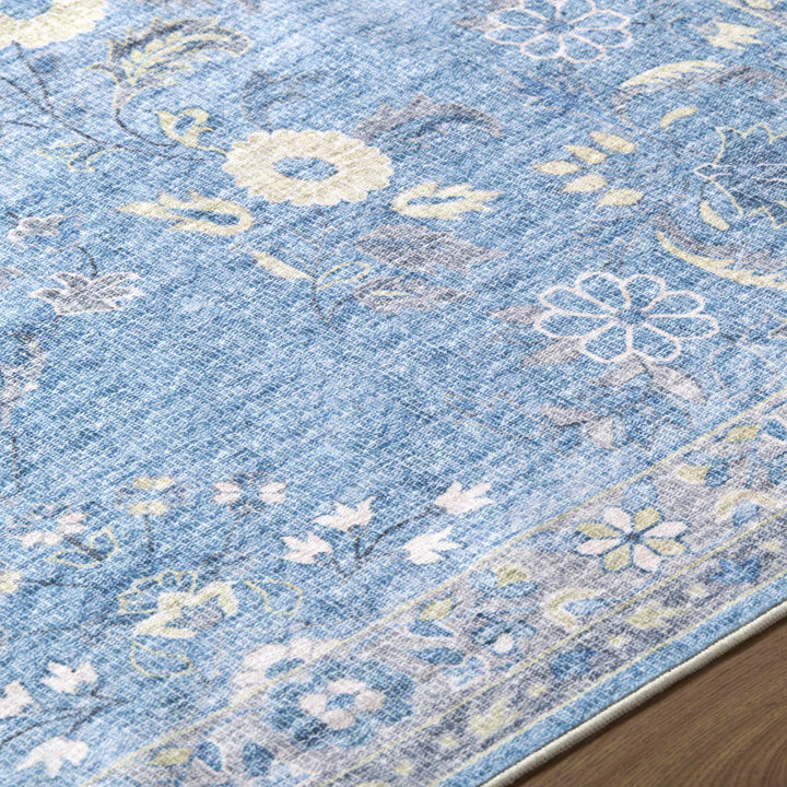 Meyly Traditional Floral Design Blue Washable Rug