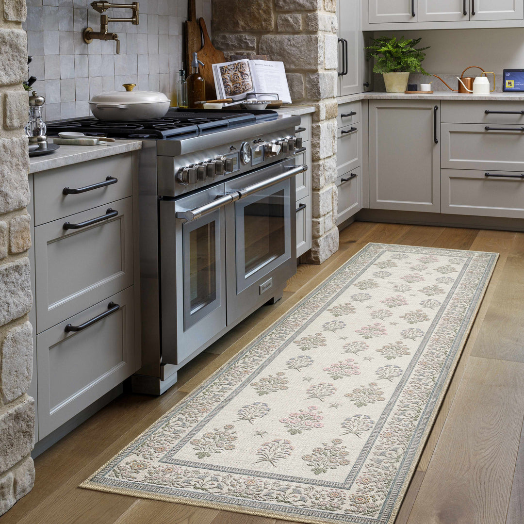 Aquene Modern Floral Design Ivory Washable Area Rug