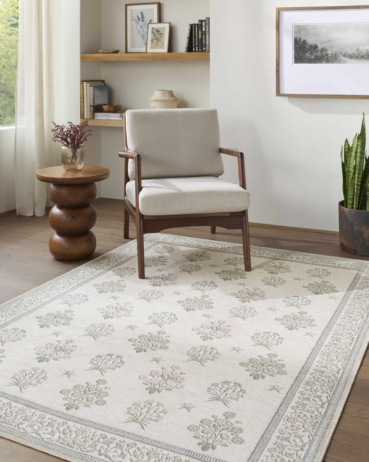 Aquene Modern Floral Design Ivory Washable Area Rug