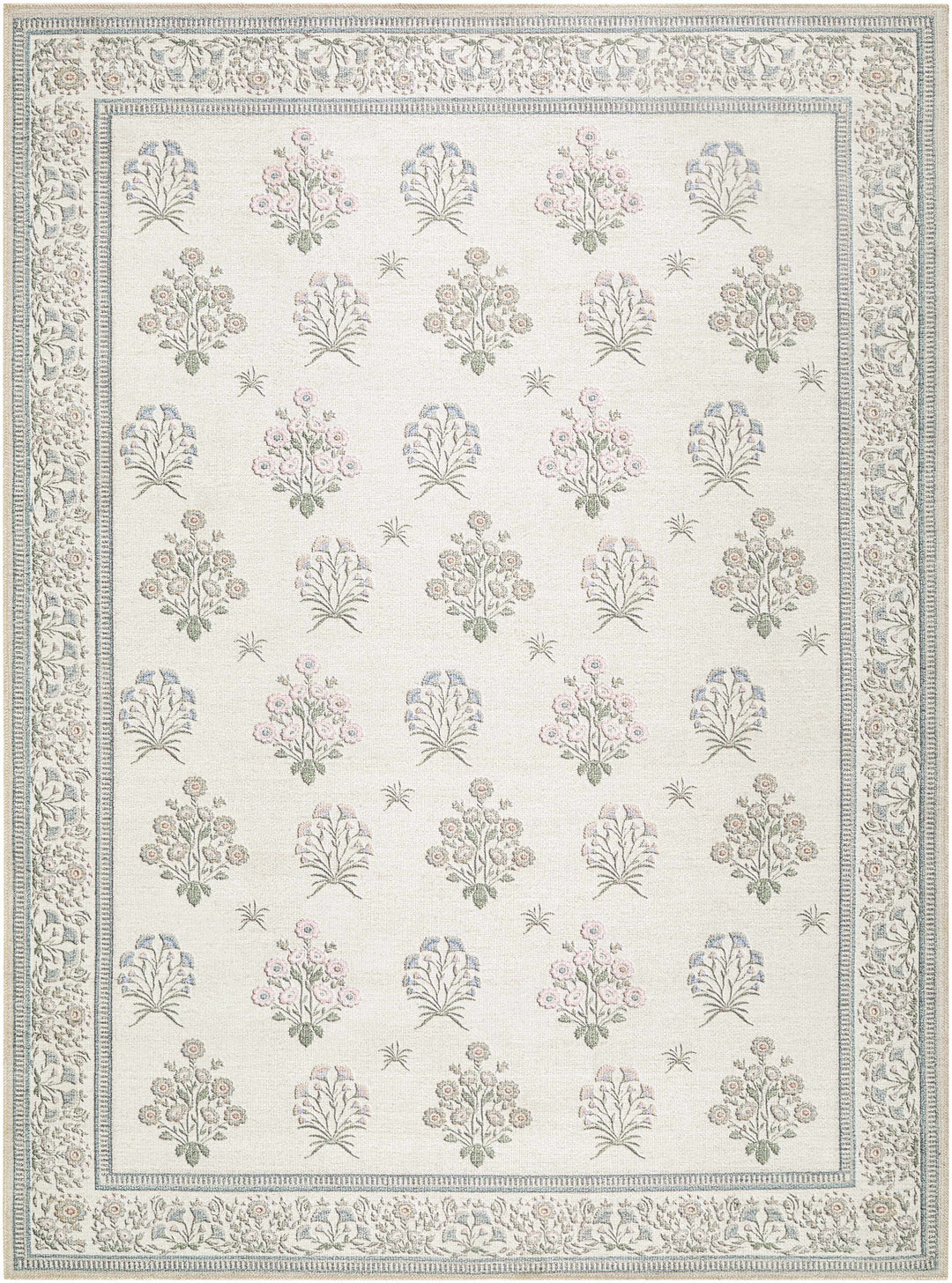 Aquene Modern Floral Design Ivory Washable Area Rug