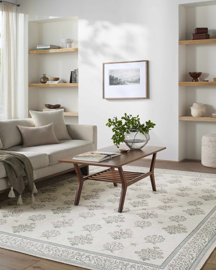 Aquene Modern Floral Design Ivory Washable Area Rug
